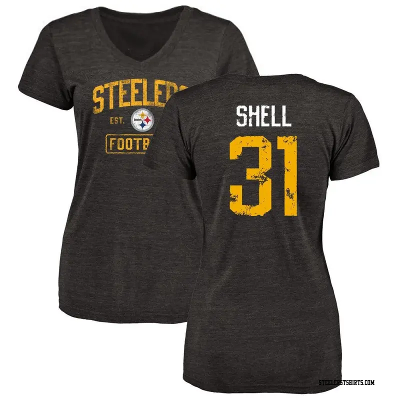 Women's Pittsburgh Steelers ＃31 Donnie Shell Black Distressed Name & Number V-Neck T-Shirt
