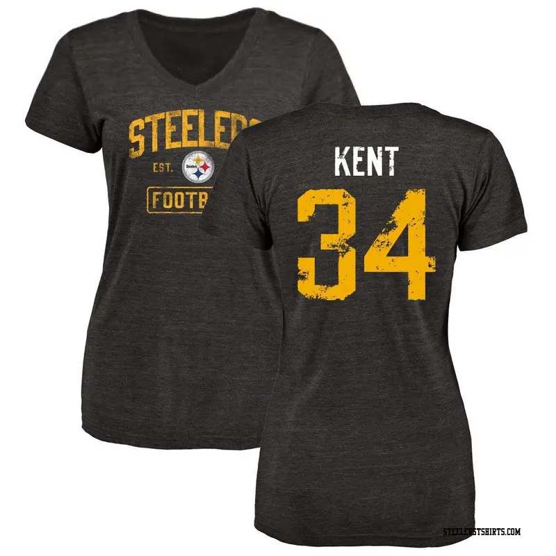 Women's Pittsburgh Steelers ＃34 Donte Kent Black Distressed Name & Number V-Neck T-Shirt