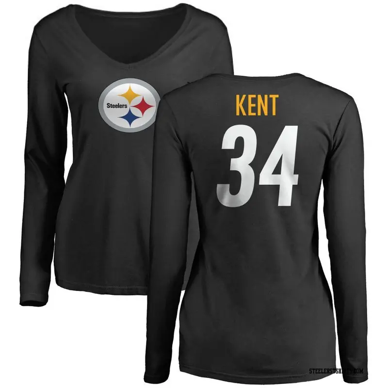 Women's Pittsburgh Steelers ＃34 Donte Kent Black Name & Number Logo Slim Fit Long Sleeve T-Shirt