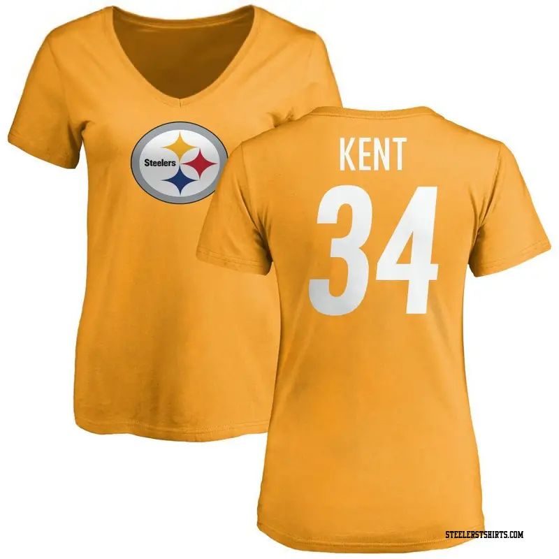 Women's Pittsburgh Steelers ＃34 Donte Kent Gold Name & Number Logo Slim Fit T-Shirt