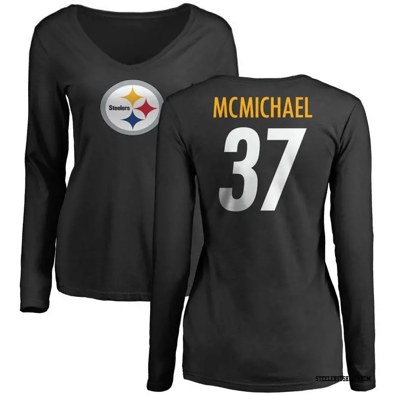 Women's Pittsburgh Steelers ＃37 Kyler McMichael Black Name & Number Logo Slim Fit Long Sleeve T-Shirt