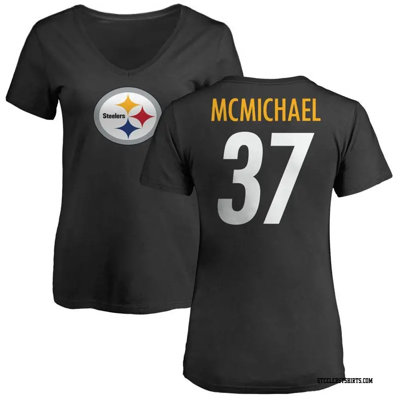 Women's Pittsburgh Steelers ＃37 Kyler McMichael Black Name & Number Logo Slim Fit T-Shirt
