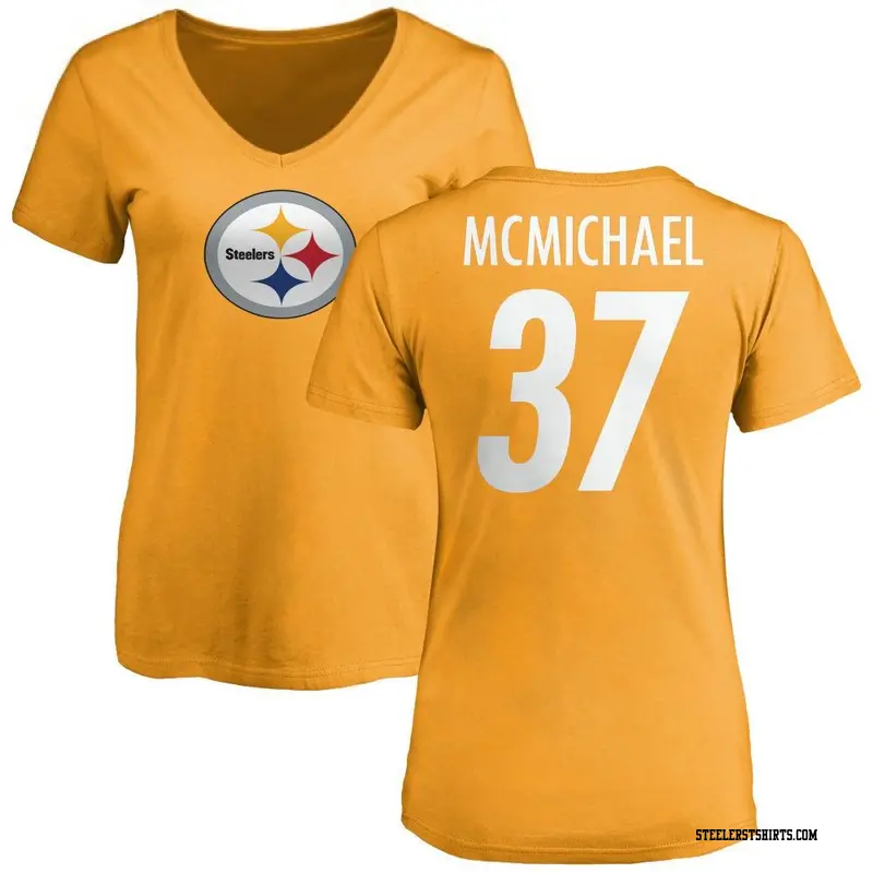 Women's Pittsburgh Steelers ＃37 Kyler McMichael Gold Name & Number Logo Slim Fit T-Shirt