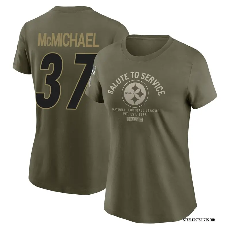 Women's Pittsburgh Steelers ＃37 Kyler McMichael Olive 2025 Salute to Service Sideline T-Shirt