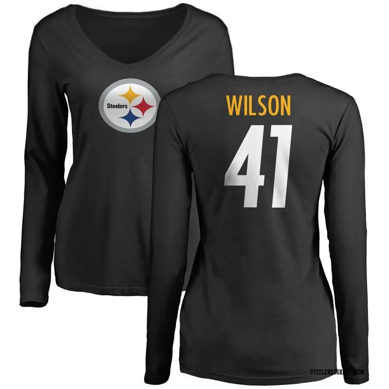 Women's Pittsburgh Steelers ＃41 Payton Wilson Black Name & Number Logo Slim Fit Long Sleeve T-Shirt