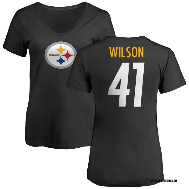 Women's Pittsburgh Steelers ＃41 Payton Wilson Black Name & Number Logo Slim Fit T-Shirt