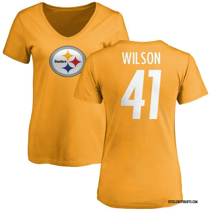 Women's Pittsburgh Steelers ＃41 Payton Wilson Gold Name & Number Logo Slim Fit T-Shirt