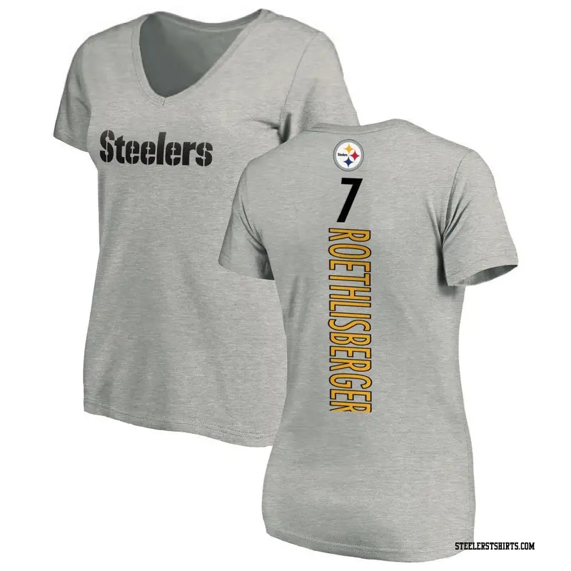 Women's Pittsburgh Steelers ＃7 Ben Roethlisberger Ash Backer V-Neck T-Shirt