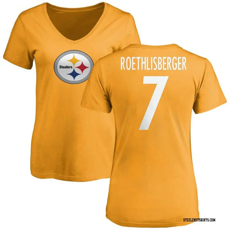 Women's Pittsburgh Steelers ＃7 Ben Roethlisberger Gold Name & Number Logo Slim Fit T-Shirt