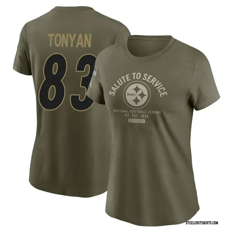 Women's Pittsburgh Steelers ＃83 Robert Tonyan Olive 2025 Salute to Service Sideline T-Shirt